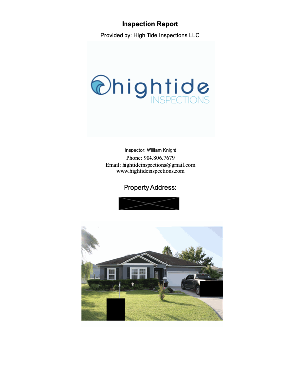 Cover page of a real High Tide Inspections report, showing the company letterhead and a redacted property address